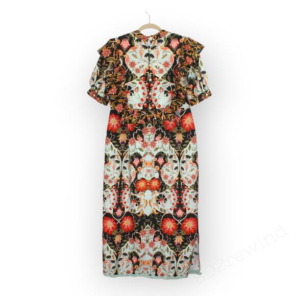 Large FarmRio Flowing Beauty Blue Short Sleeve Midi Dress SwanPrint Gold Pearl - Picture 1 of 16